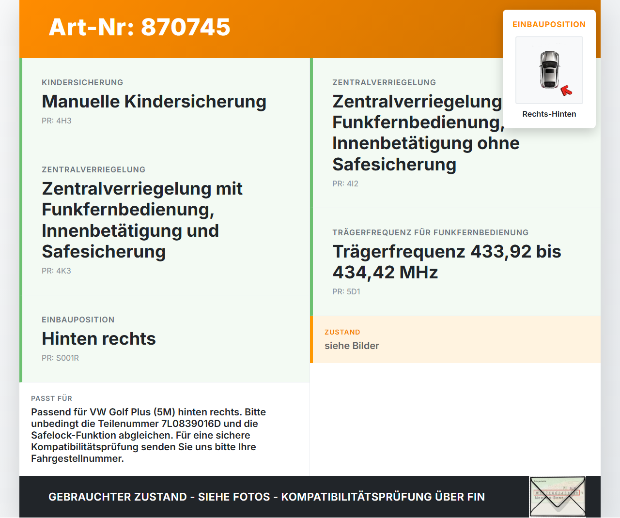 VW Golf 5M Plus 04-08 Türschloss m. ZV Stellmotor Rechts Hinten VW Golf 5M Plus 04-08 17.11.2006 7L0839016D gebraucht Vorschau 3