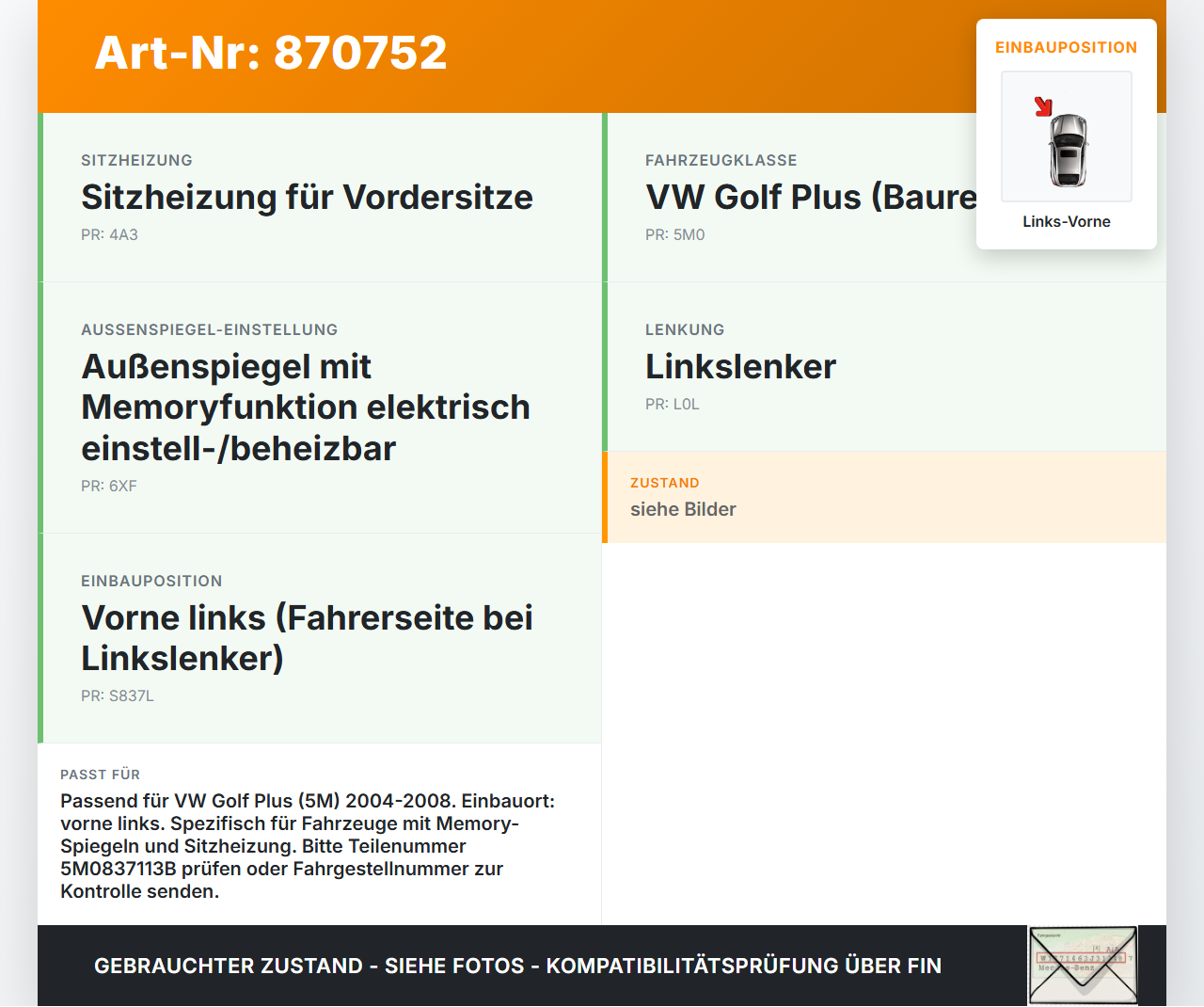 VW Golf 5M Plus 04-08 Türgriff Griff Griffmuschel Innen Links Vorne VW Golf 5M Plus 04-08 17.11.2006 5M0837113B... Vorschau 3