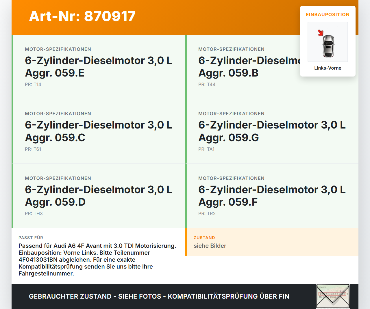 Audi A6 4F C6 08-11 Kombi Stossdämpfer Federbein Vorne Links Audi A6 4F C6 08-11 06.12.2010 4F0413031BN gebraucht Vorschau 3