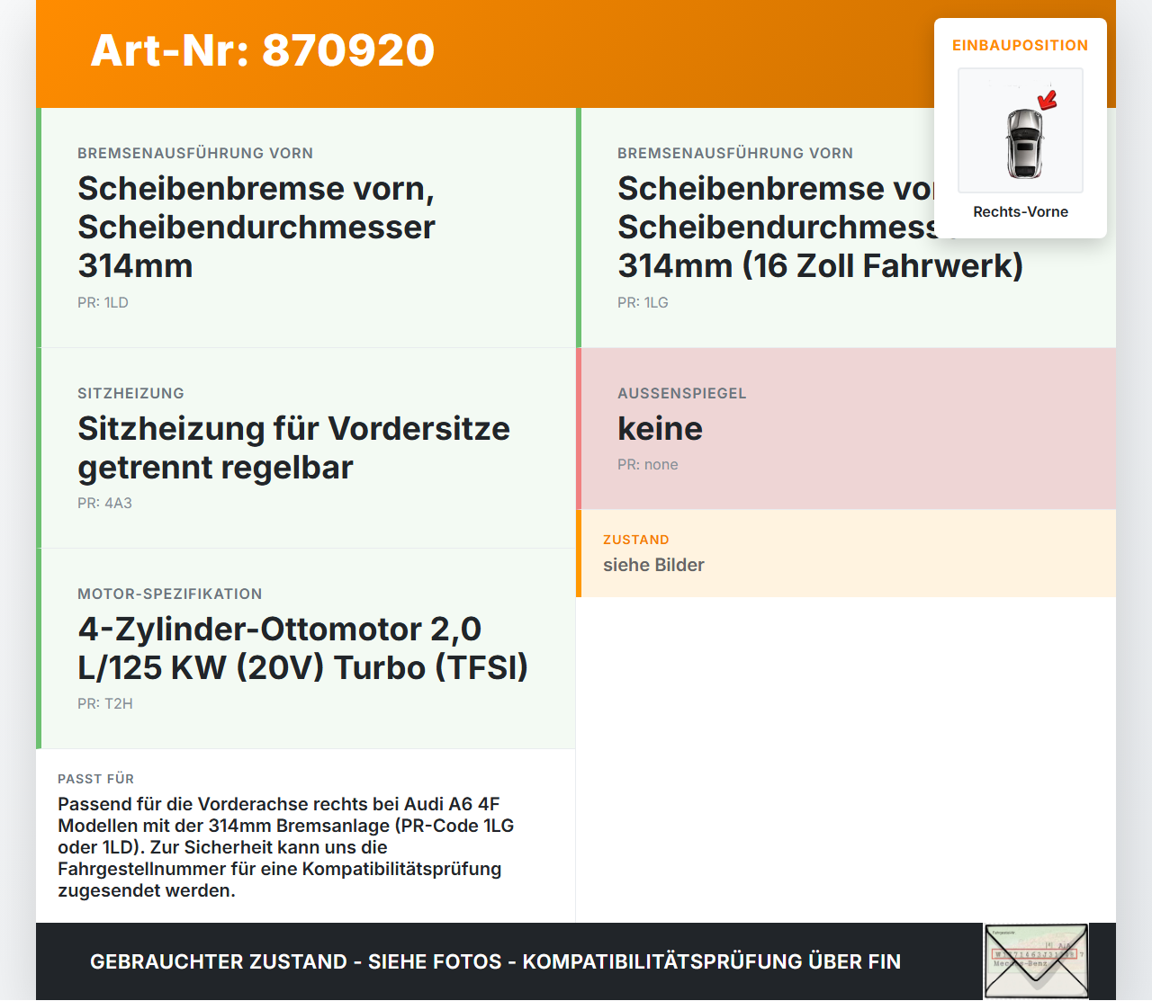 Audi A6 4F C6 08-11 TFSI 2,0 125KW Bremssattel Bremszange Vorne Rechts Audi A6 4F C6 08-11 06.12.2010 4F0615124... Vorschau 3