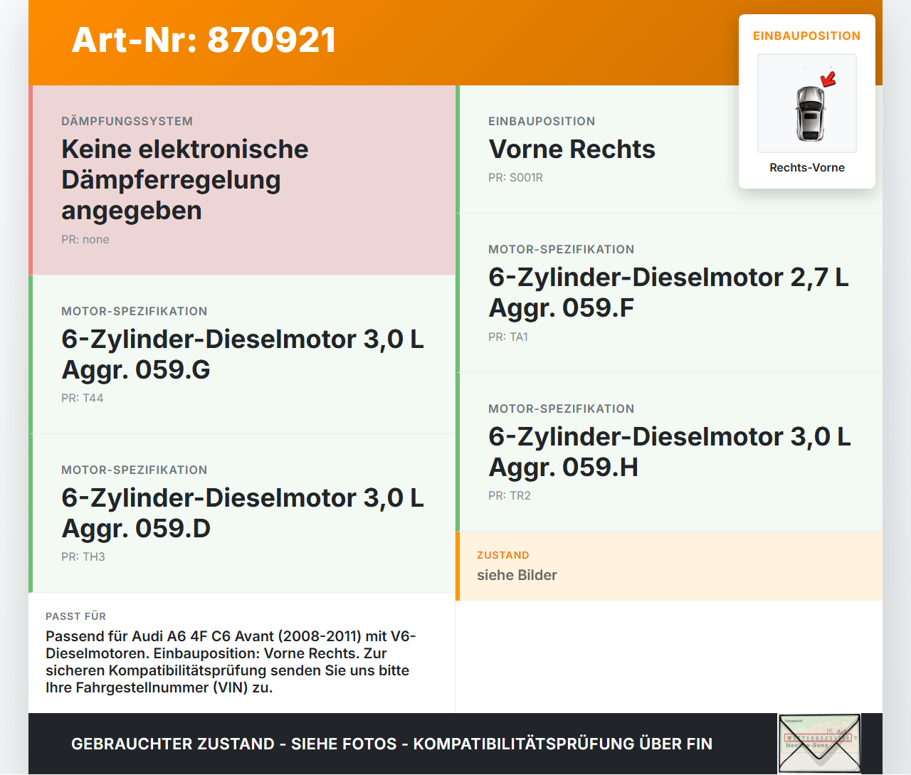 Audi A6 4F C6 08-11 Kombi Stossdämpfer Federbein Vorne Rechts Audi A6 4F C6 08-11 06.12.2010 4F0413031BN gebraucht Vorschau 3