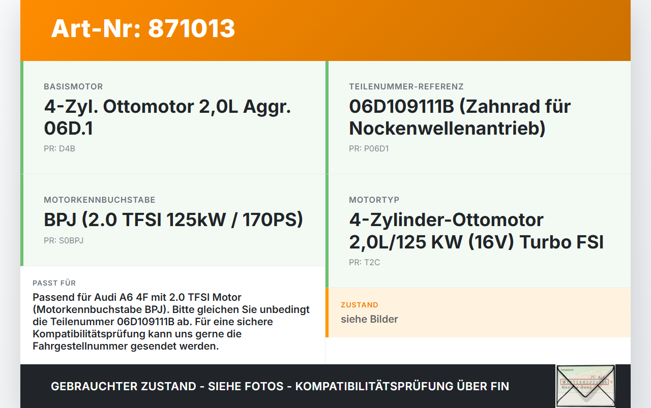 Audi A6 4F C6 08-11 TFSI 2,0 125KW BPJ Zahnrad Audi A6 4F C6 08-11 06.12.2010 06D109111B gebraucht Vorschau 3