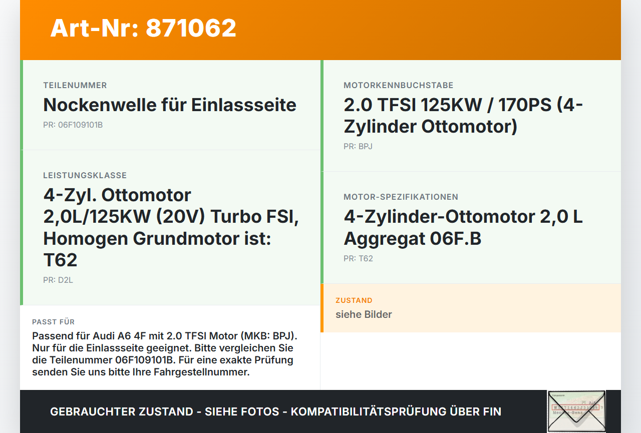 Audi A6 4F C6 08-11 TFSI 2,0 125KW BPJ Nockenwelle Einlass Audi A6 4F C6 08-11 06.12.2010 06F109101B gebraucht Vorschau 3