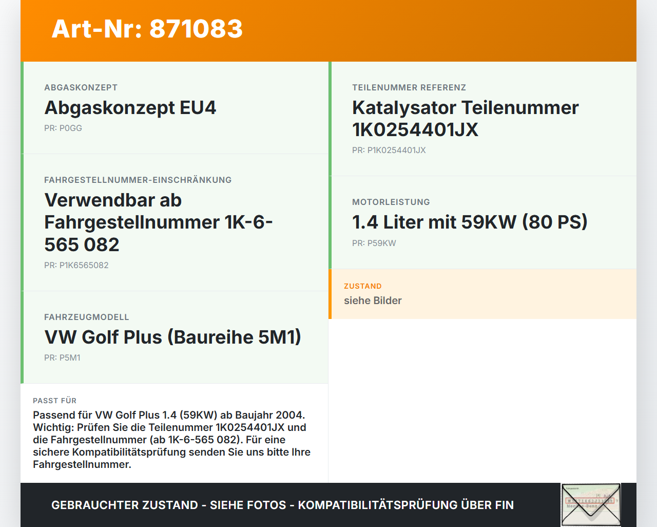 VW Golf 5M Plus 04-08 1,4 59KW Katalysator Kat VW Golf 5M Plus 04-08 17.11.2006 1K0254401JX gebraucht Vorschau 3