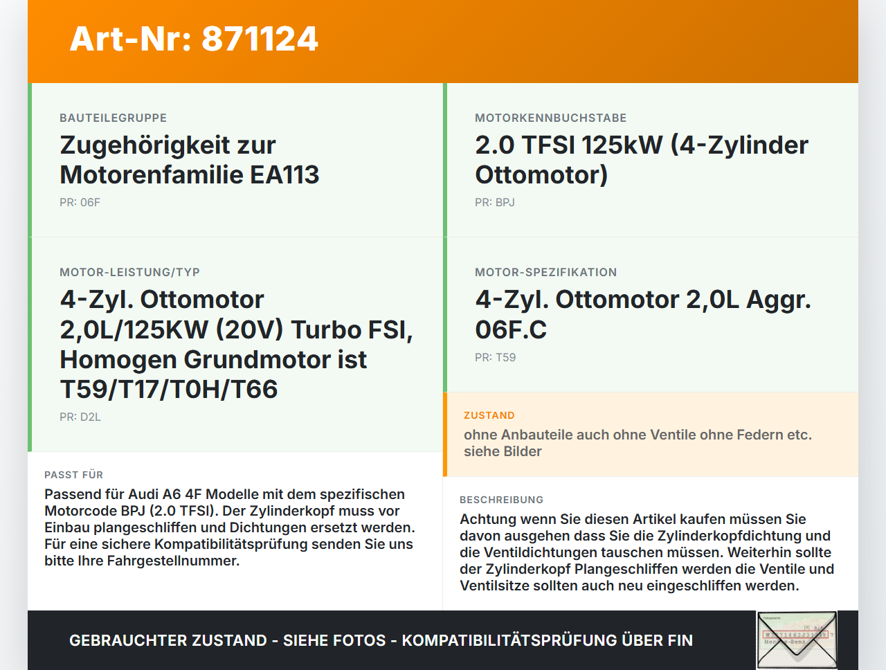Audi A6 4F C6 08-11 TFSI 2,0 125KW BPJ Zylinderkopf Audi A6 4F C6 08-11 06.12.2010 06F103265BX gebraucht Vorschau 3