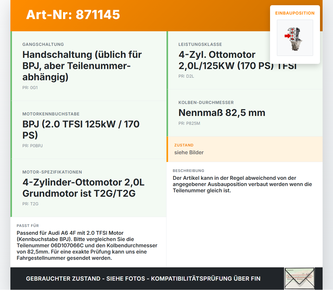 Audi A6 4F C6 08-11 TFSI 2,0 125KW BPJ Kolben mit Pleuel Pos B Audi A6 4F C6 08-11 06.12.2010 06D107066C gebraucht Vorschau 3