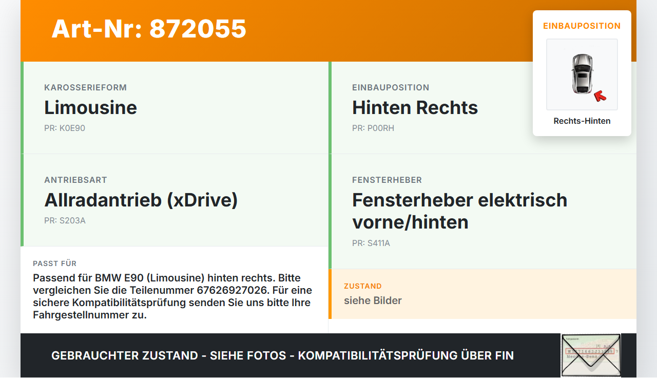 BMW E90 325xi 05-09 Lim Fensterhebermotor mit Fensterheber Rechts Hinten BMW E90 325xi 05-09 13.04.2007 6927026... Vorschau 3