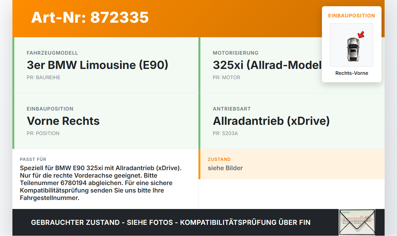 BMW E90 325xi 05-09 Lim Stossdämpfer Federbein Vorne Rechts BMW E90 325xi 05-09 13.04.2007 6780194 31316780194 gebraucht Vorschau 3