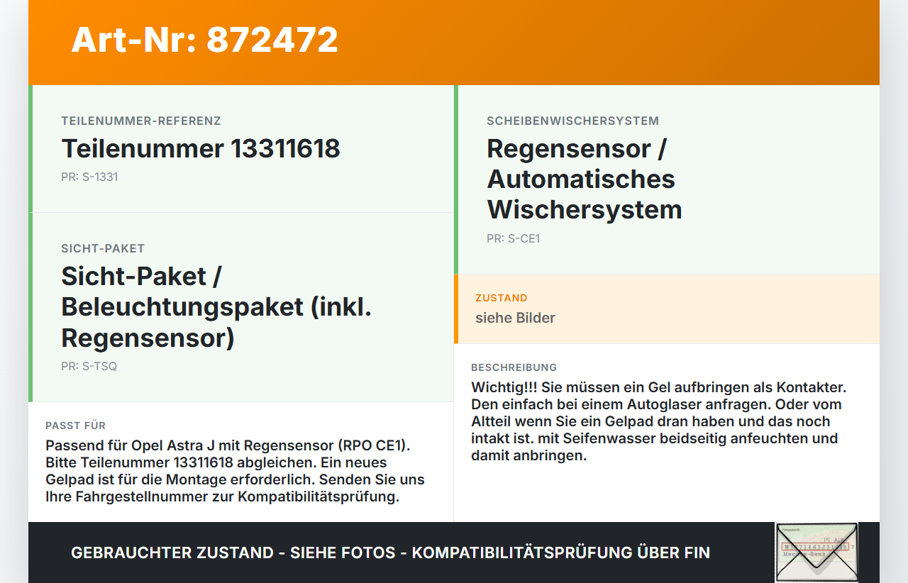 Opel Astra J 10-12 Regensensor Opel Astra J 10-12 11.02.2011 13311618 gebraucht Vorschau 3