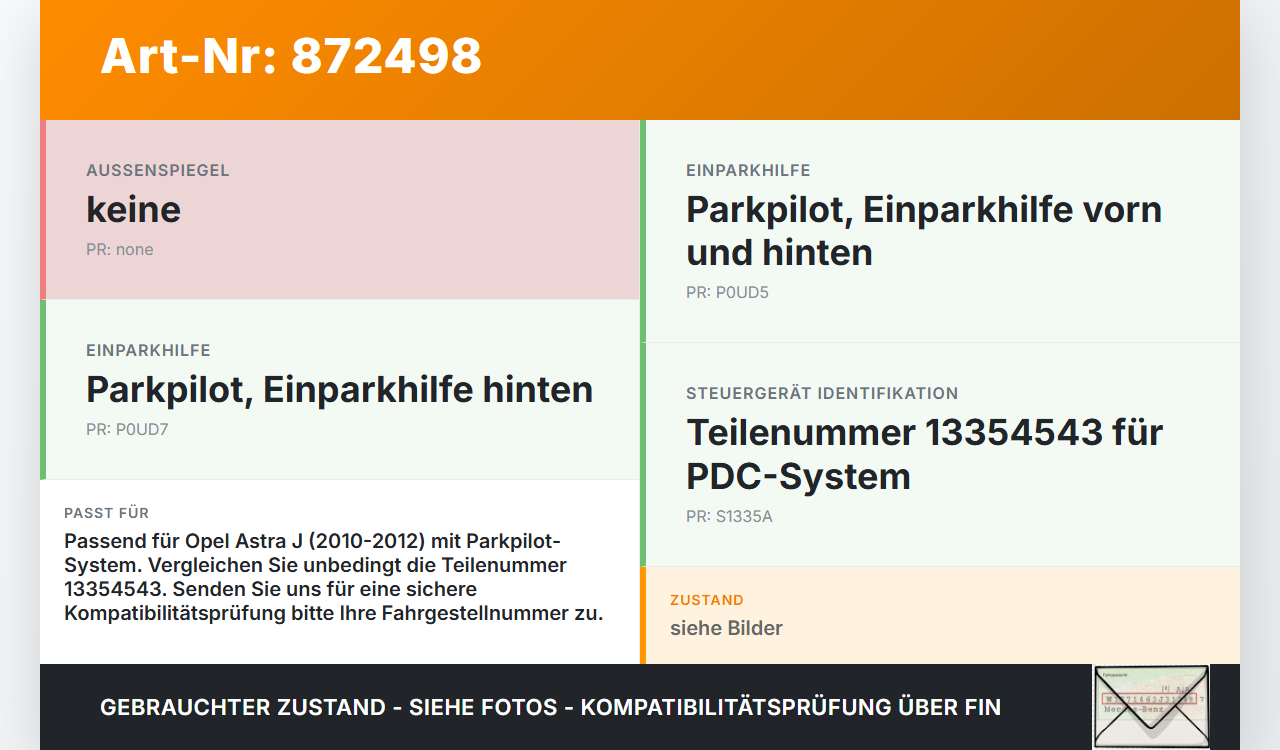 Opel Astra J 10-12 Steuergerät SG PDC Einparkhilfe Opel Astra J 10-12 11.02.2011 13354543 0263004445 6002 gebraucht Vorschau 3