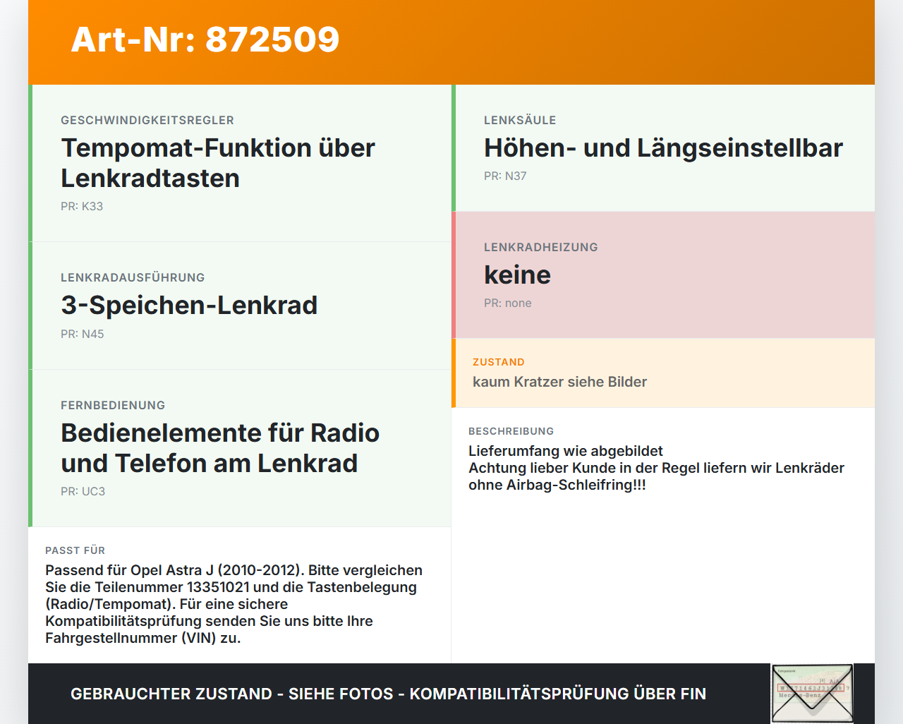Opel Astra J 10-12 Lenkrad ohne Airbag Opel Astra J 10-12 11.02.2011 13351021 306507899P10-AH gebraucht Vorschau 3