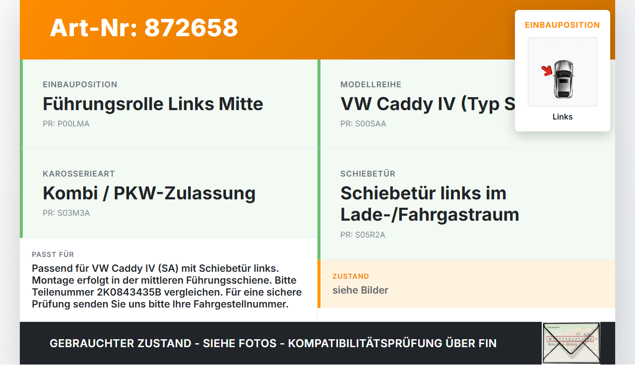 VW Caddy IV SA 15-21 Kombi Führungsrolle für Schiebetür Links Mitte VW Caddy IV SA 15-21 17.09.2016 2K0843435B gebraucht Vorschau 3