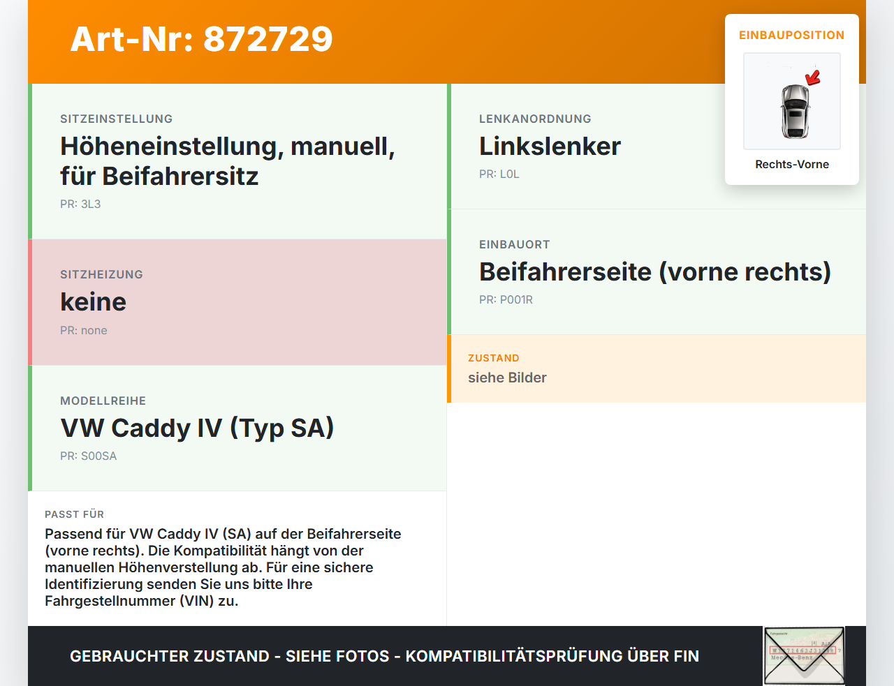 VW Caddy IV SA 15-21 TSI 1,4 92KW Sitzunterbau Sitzkonsole für Beifahrer Sitz Rechts Vorne VW Caddy IV SA 15-21... Vorschau 3