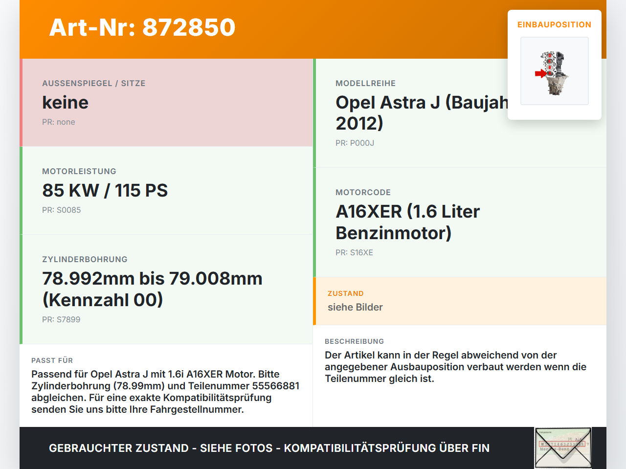 Opel Astra J 10-12 1,6i 85KW A16XER Kolben mit Pleuel Pos A Opel Astra J 10-12 11.02.2011 55566881 623591 gebraucht Vorschau 3