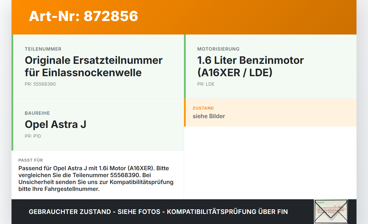 Opel Astra J 10-12 1,6i 85KW A16XER Nockenwelle Einlass Opel Astra J 10-12 11.02.2011 55568390 gebraucht Vorschau 3