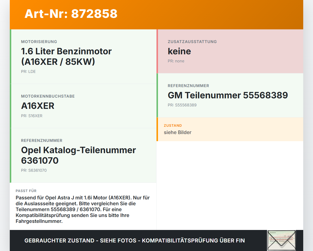 Opel Astra J 10-12 1,6i 85KW A16XER Nockenwelle Auslass Opel Astra J 10-12 11.02.2011 55568389 55353288 gebraucht Vorschau 3