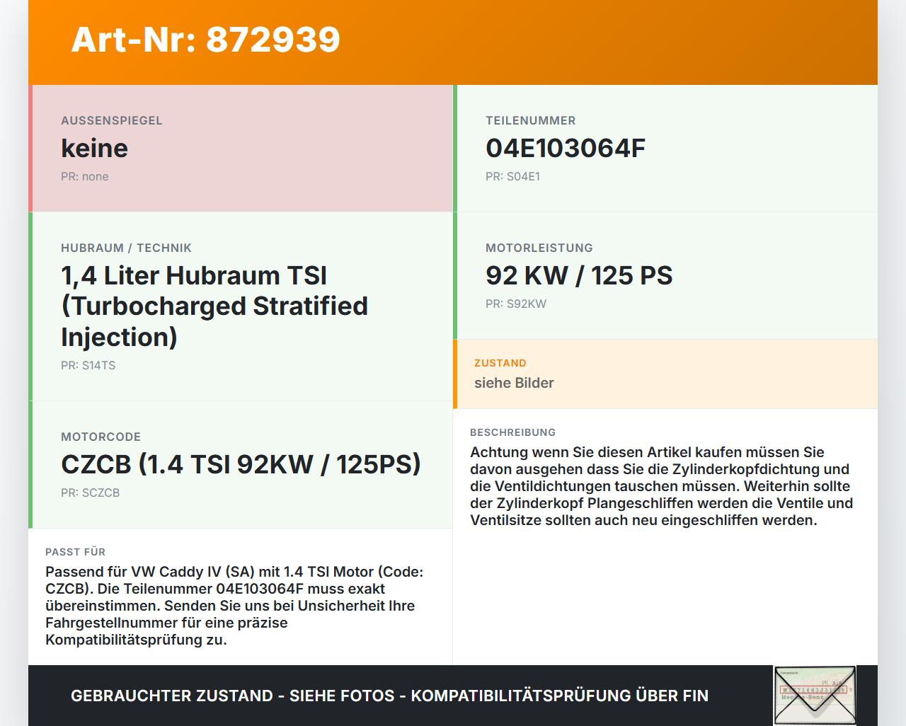 VW Caddy IV SA 15-21 TSI 1,4 92KW CZCB Zylinderkopf VW Caddy IV SA 15-21 17.09.2016 04E103064F gebraucht Vorschau 3