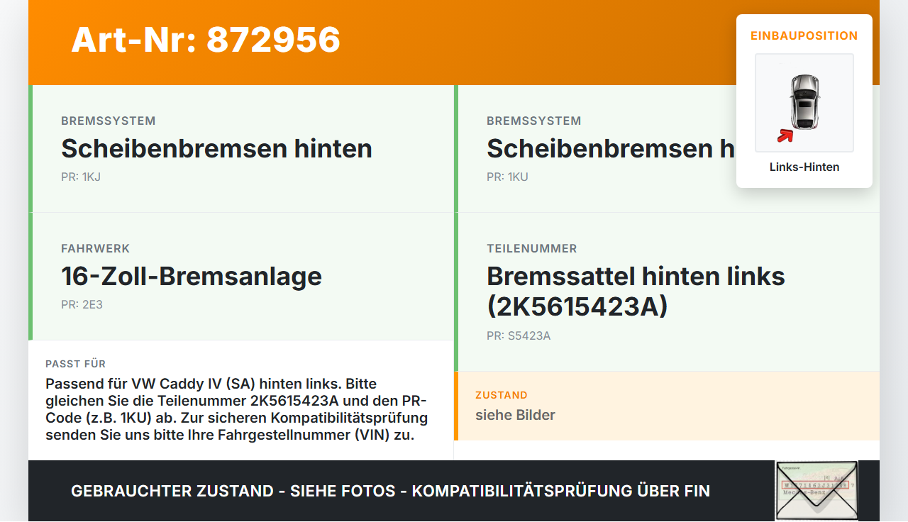 VW Caddy IV SA 15-21 TSI 1,4 92KW Bremssattel Bremszange Hinten Links VW Caddy IV SA 15-21 17.09.2016 2K5615423A... Vorschau 3
