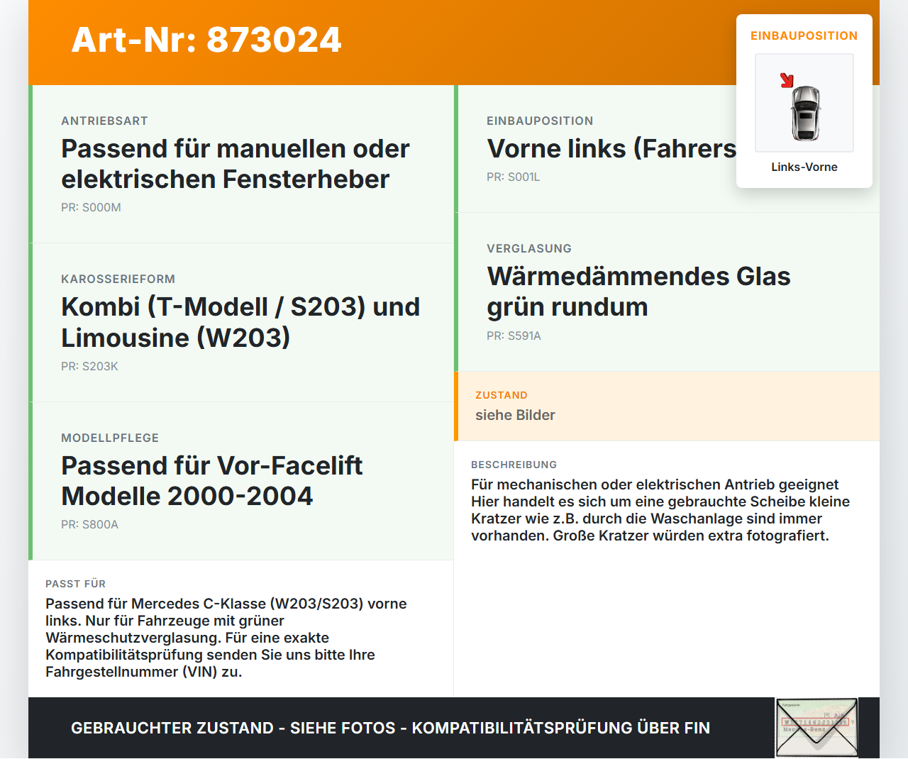 Mercedes S203 W203 00-04  Kombi Seitenscheibe LVK Fenster Türscheibe Links Vorne Mercedes S203 W203 00-04... Vorschau 3