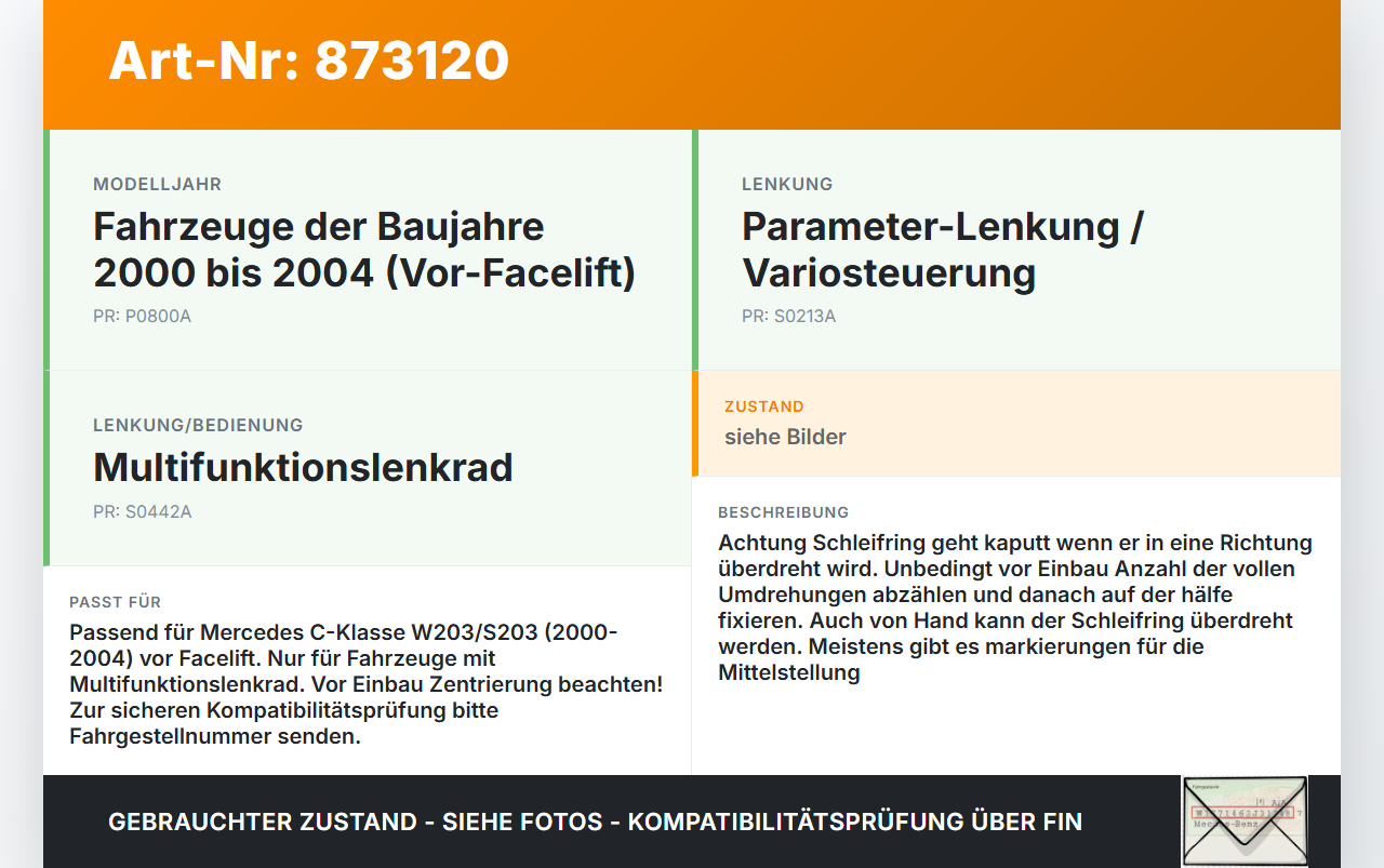 Mercedes S203 W203 00-04 Airbag Schleifring Wickelfeder Mercedes S203 W203 00-04 22.02.2002 A0004640618 A00046406... Vorschau 3