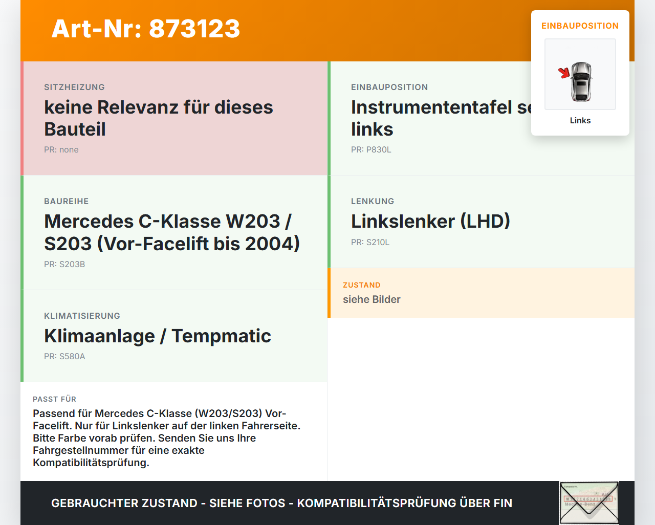 Mercedes S203 W203 00-04 Luftdusche Luftdüse Links Mercedes S203 W203 00-04 22.02.2002 A2038301154 A2038300154... Vorschau 3