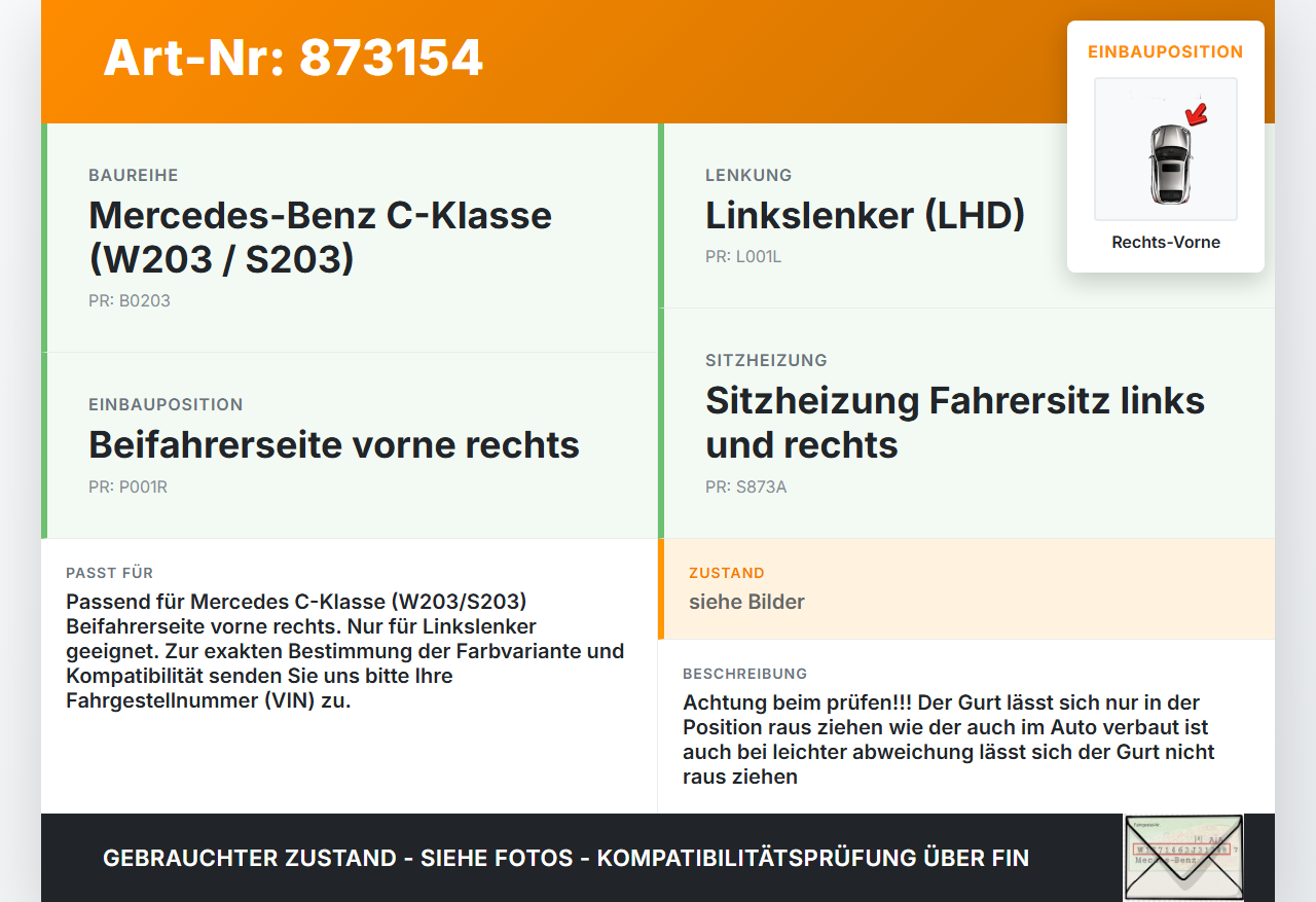 Mercedes S203 W203 00-04  Kombi Gurt Sicherheitsgurt Gurtstraffer Beifahrer Rechts Vorne Mercedes S203 W203 00-04... Vorschau 3