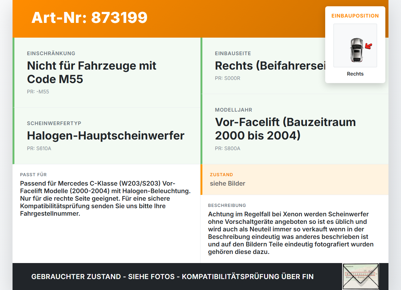 Mercedes S203 W203 00-04 Scheinwerfer Frontscheinwerfer Rechts orig. Mercedes S203 W203 00-04 22.02.2002... Vorschau 3
