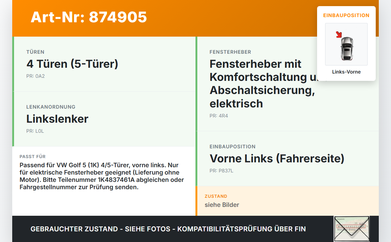 VW Golf 5 V 1K 03-08 5T Fensterheber o. FH-Motor Links Vorne VW Golf 5 V 1K 03-08 27.10.2004 1K4837461A gebraucht Vorschau 3