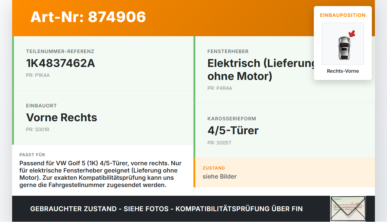 VW Golf 5 V 1K 03-08 5T Fensterheber o. FH-Motor Rechts Vorne VW Golf 5 V 1K 03-08 27.10.2004 1K4837462A gebraucht Vorschau 3