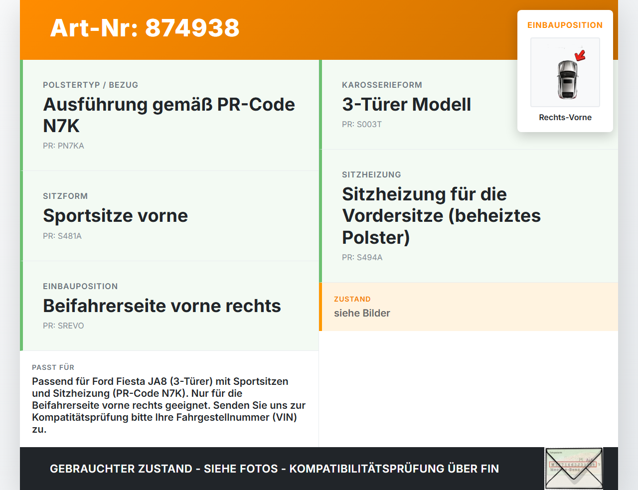 Ford Fiesta JA8 VII 12-18 3T Sitzbezug Sitzpolster für Beifahrersitz Rechts Vorne beheizt Ford Fiesta JA8 VII 12-18... Vorschau 3