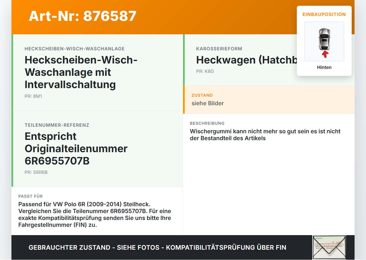 VW Polo 6R 09-14 5T Heckwischer Scheibenwischer Hinten Wischarm VW Polo 6R 09-14 17.12.2009 6R6955707B gebraucht Vorschau 3