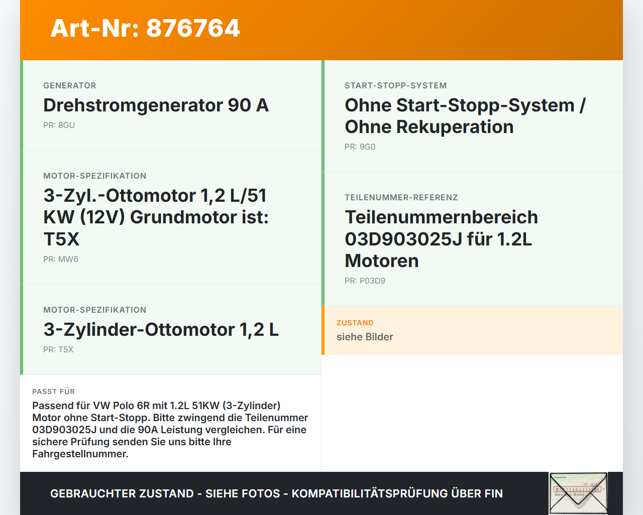 VW Polo 6R 09-14 TSI 1,2 51KW Lichtmaschine Generator 90A 14V VW Polo 6R 09-14 17.12.2009 03D903025J 2542746F... Vorschau 3