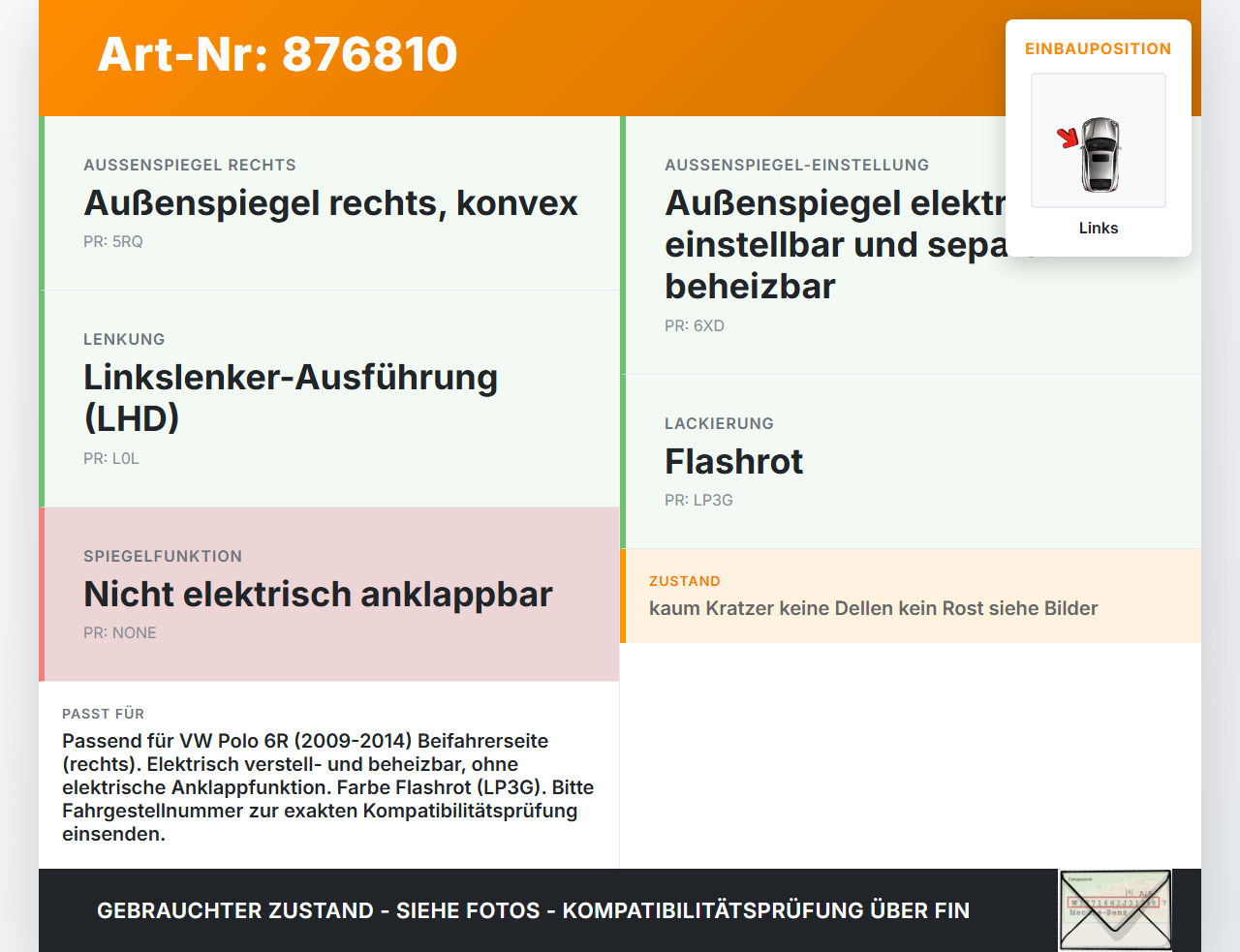 VW Polo 6R 09-14 Spiegel Aussenspiegel Links beheizt LP3G VW Polo 6R 09-14 17.12.2009 6R1857508K gebraucht Vorschau 3