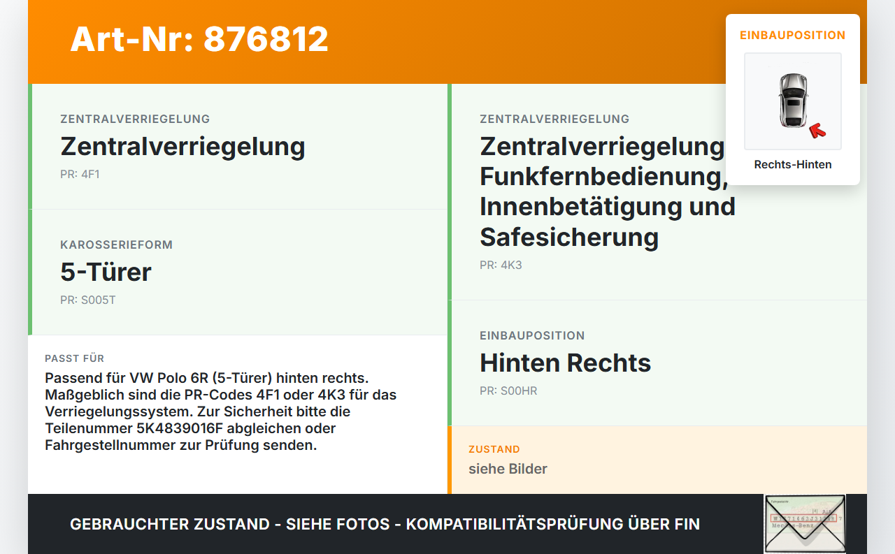 VW Polo 6R 09-14 5T Türschloss m. ZV Stellmotor Rechts Hinten VW Polo 6R 09-14 17.12.2009 5K4839016F 5K4839016 gebraucht Vorschau 3