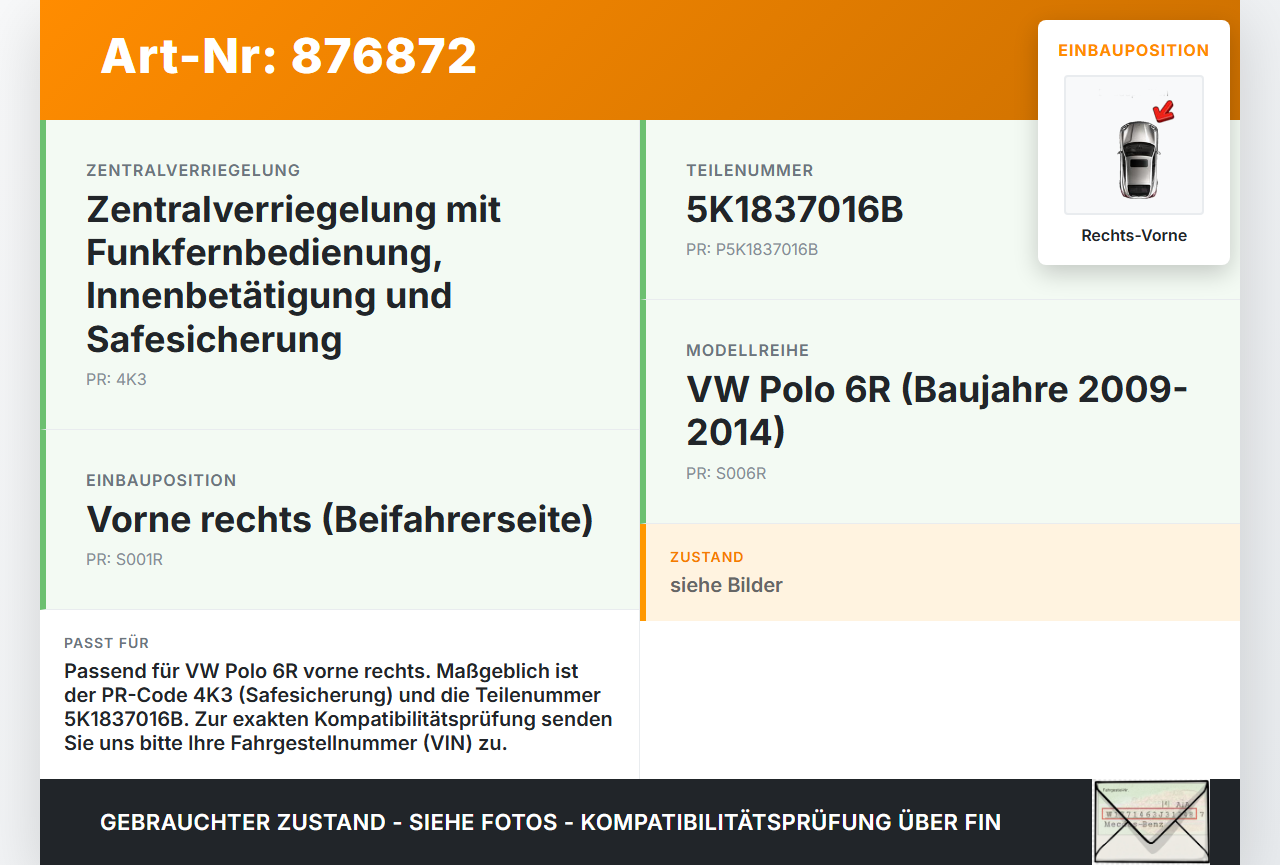 VW Polo 6R 09-14 5T Türschloss m. ZV Stellmotor Rechts Vorne VW Polo 6R 09-14 17.12.2009 5K1837016B 5K1837016 gebraucht Vorschau 3