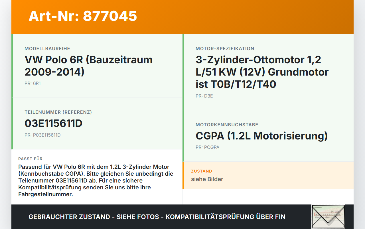 VW Polo 6R 09-14 TSI 1,2 51KW CGPA Ölmessstab Öl Stab VW Polo 6R 09-14 17.12.2009 03E115611D gebraucht Vorschau 3