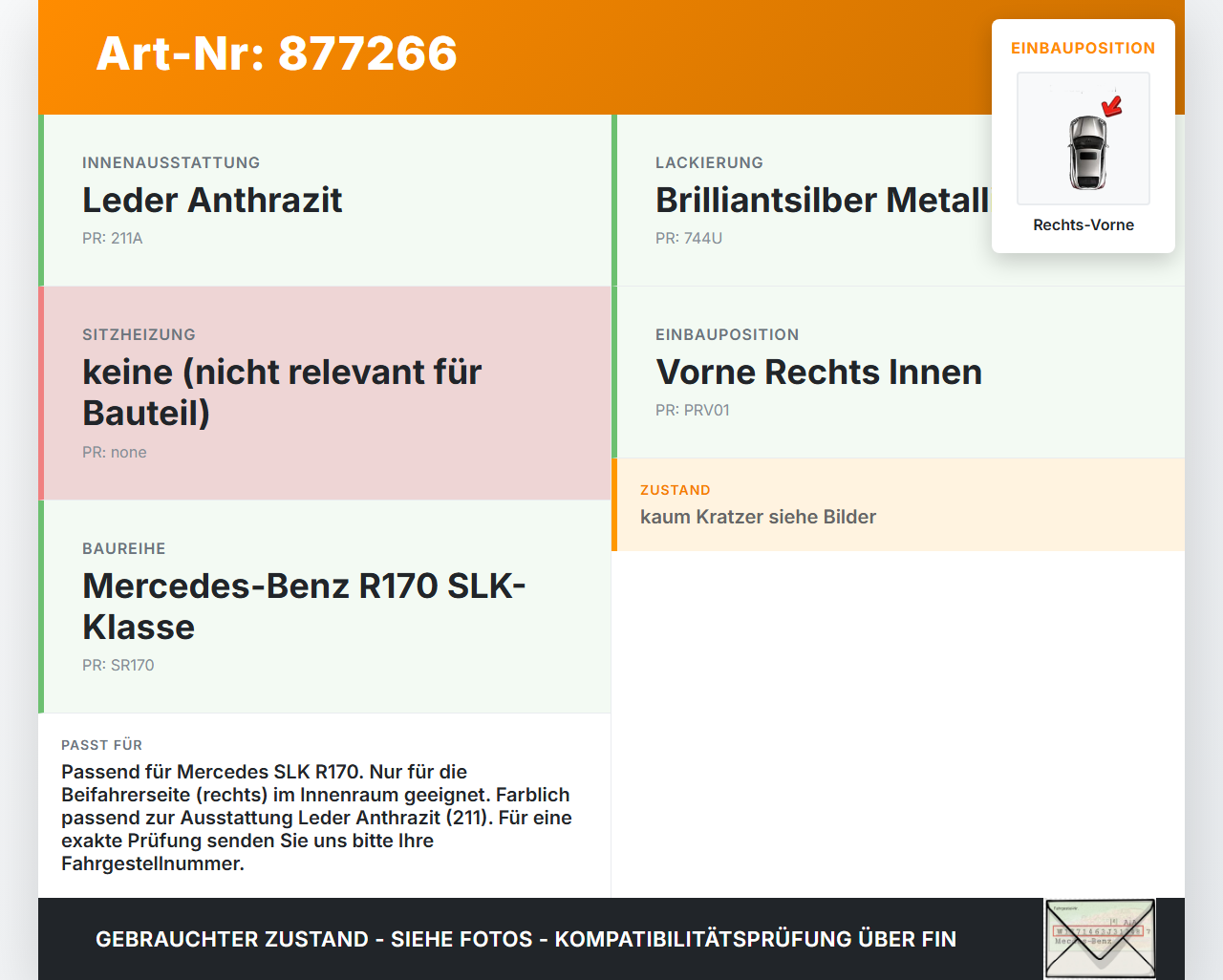 Mercedes R170 SLK Cabriolet Türleiste Rechts Vorne Innen 744 Mercedes R170 SLK 03.04.2000 A1707600462 gebraucht Vorschau 3