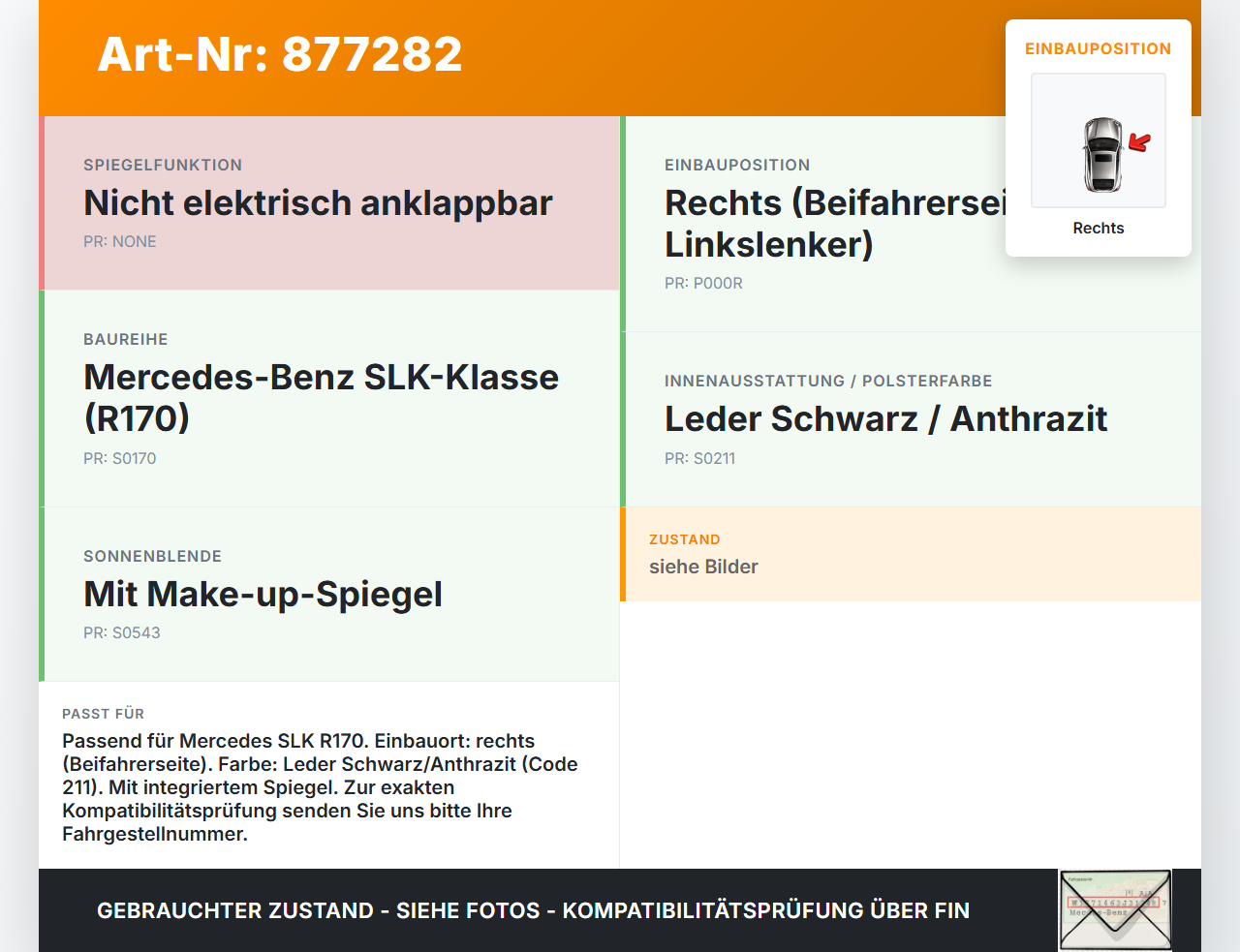 Mercedes R170 SLK Sonnenblende Rechts für Beifahrer Mercedes R170 SLK 03.04.2000 A1708100210 gebraucht Vorschau 3