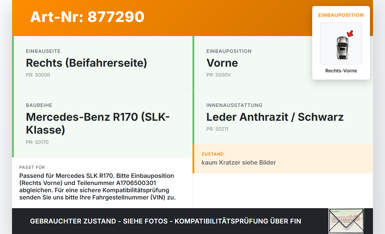 Mercedes R170 SLK 2,0 120KW Dachholm Rechts Vorne Mercedes R170 SLK 03.04.2000 A1706500301 gebraucht Vorschau 3
