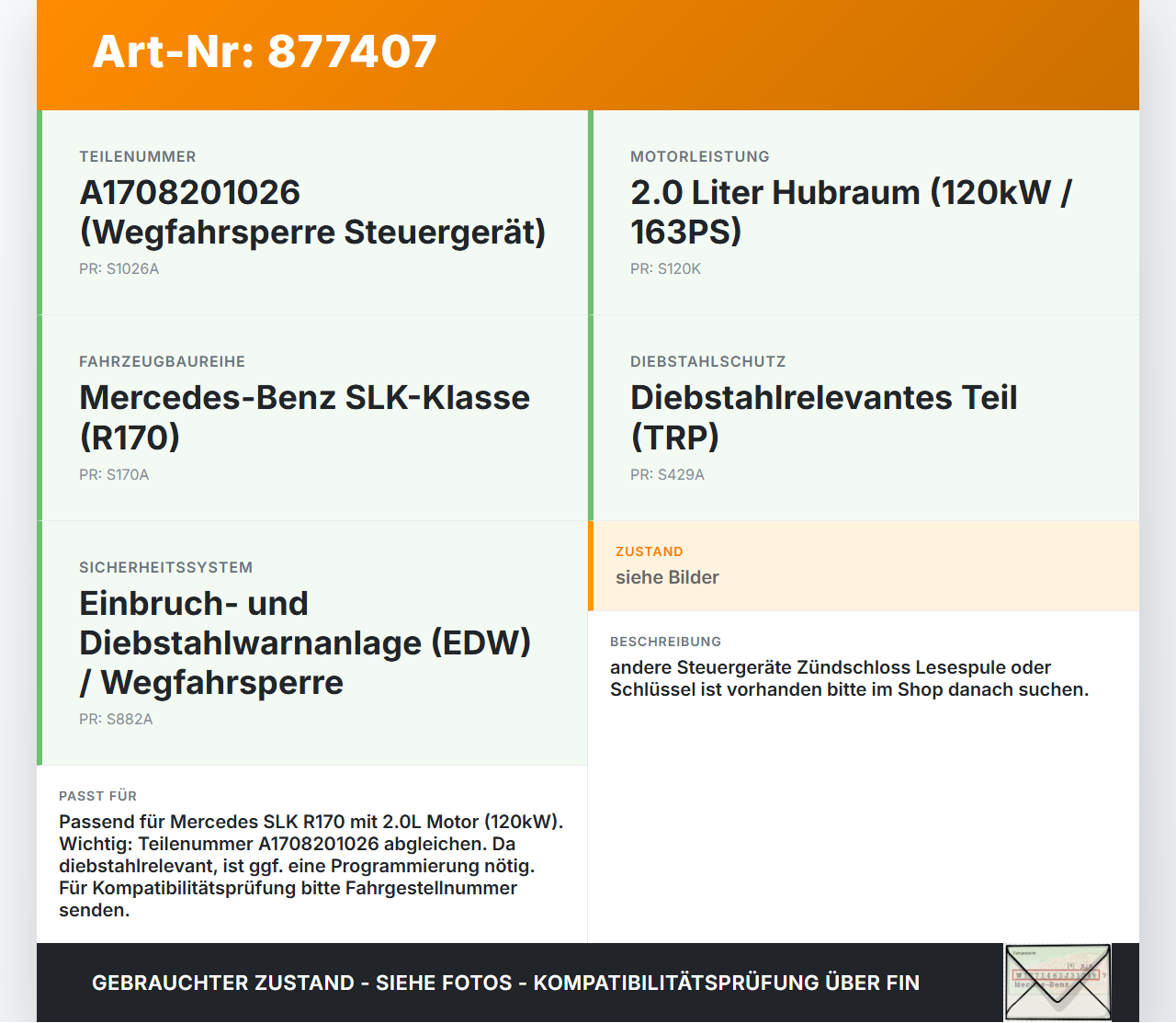 Mercedes R170 SLK 2,0 120KW Wegfahrsperre ECU Steuergerät Mercedes R170 SLK 03.04.2000 A1708201026 170820102... Vorschau 3