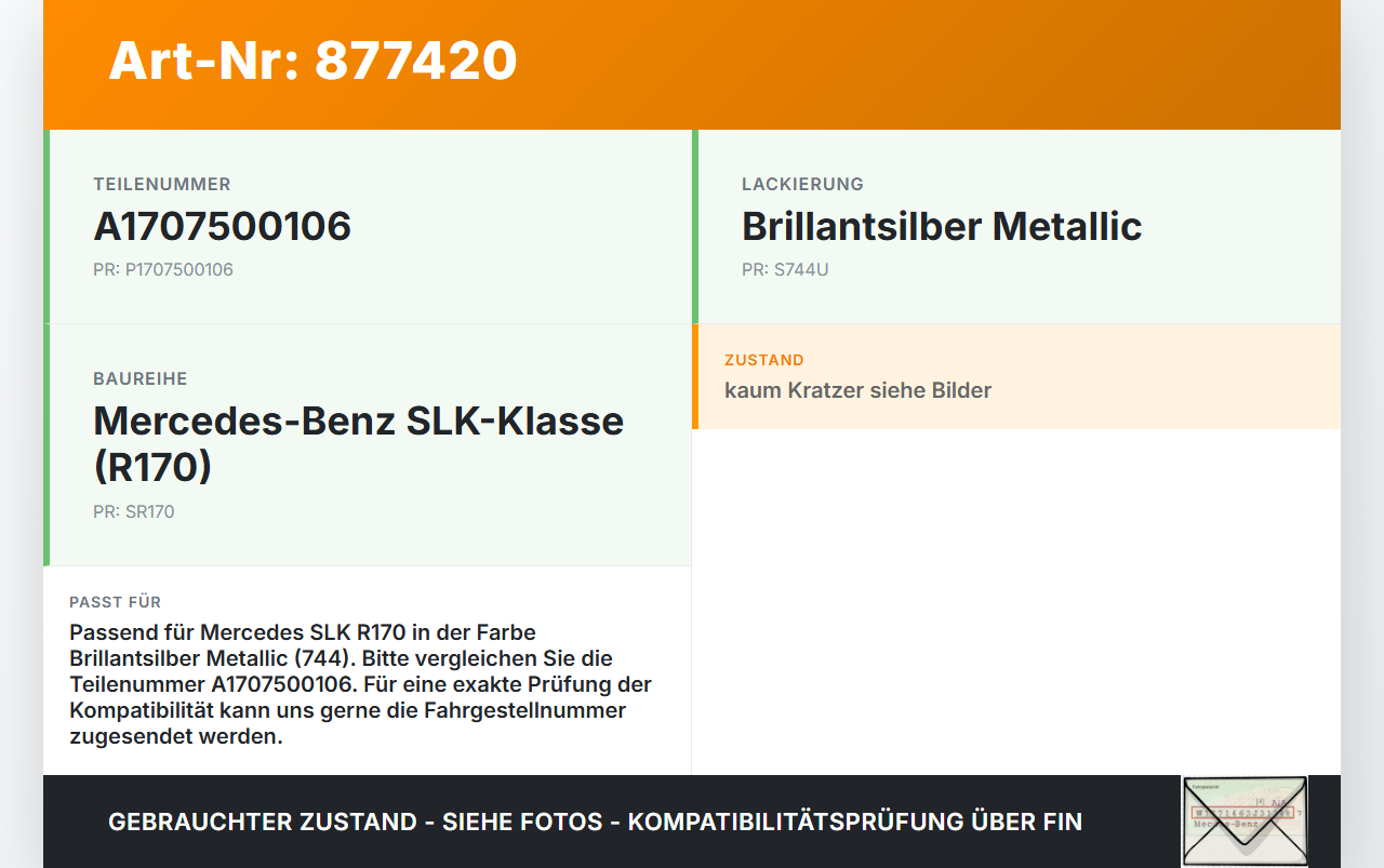 Mercedes R170 SLK Tankdeckel Tankklappe 744 Mercedes R170 SLK 03.04.2000 A1707500106 gebraucht Vorschau 3
