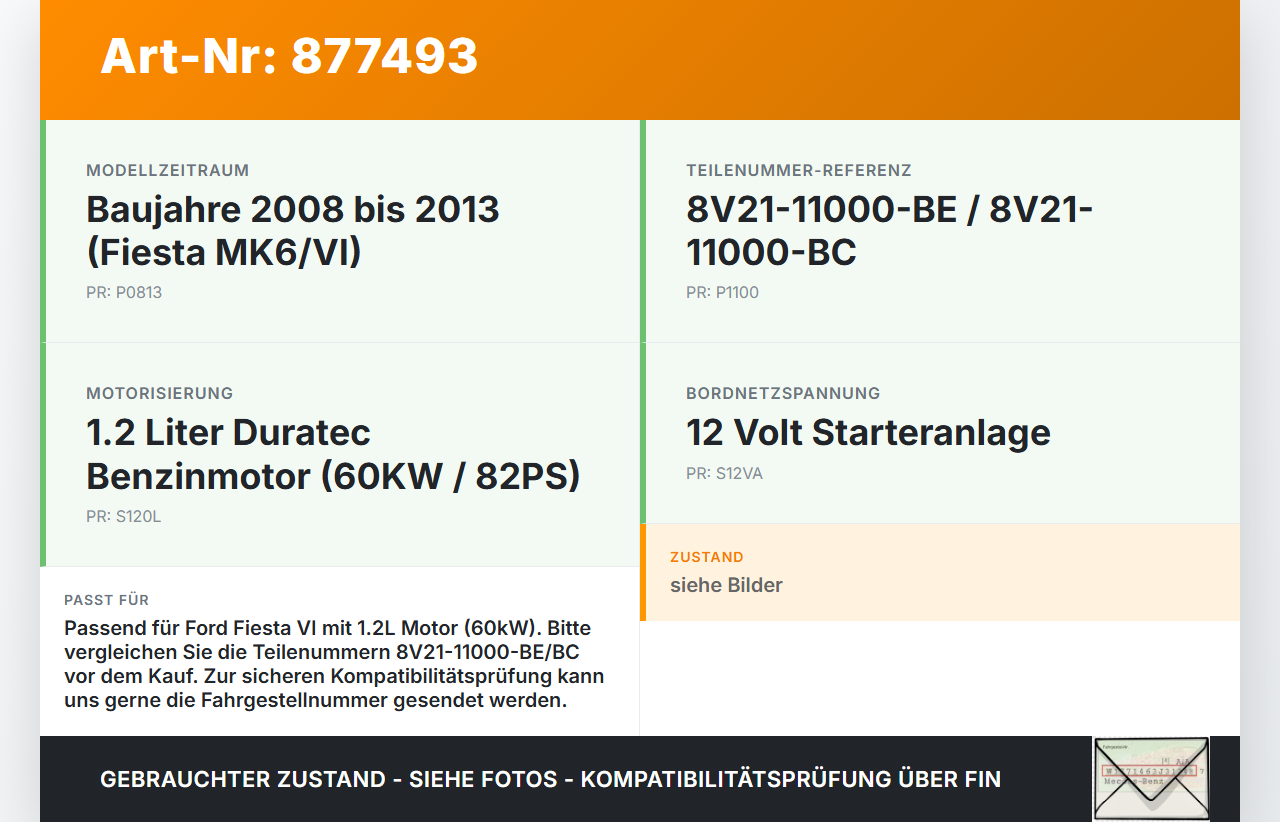 Ford Fiesta VI 08-13 1,2 60KW Anlasser Starter Ford Fiesta VI 08-13 24.10.2008 8V21-11000-BE 8V21-11000-BC gebraucht Vorschau 3