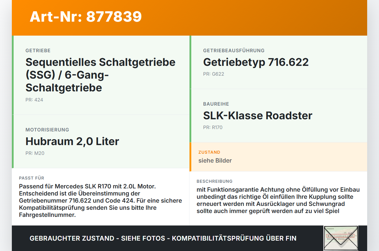 Mercedes R170 SLK 2,0 Autom 716622 Schaltgetriebe Getriebe Mercedes R170 SLK 03.04.2000 A2032608100 gebraucht Vorschau 3