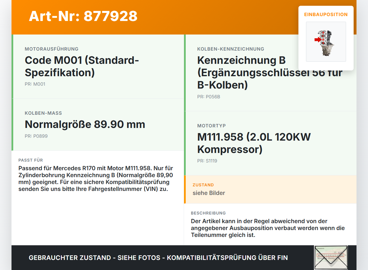 Mercedes R170 SLK 2,0 120KW 111958 Kolben mit Pleuel Pos B Mercedes R170 SLK 03.04.2000 A1110305518 gebraucht Vorschau 3