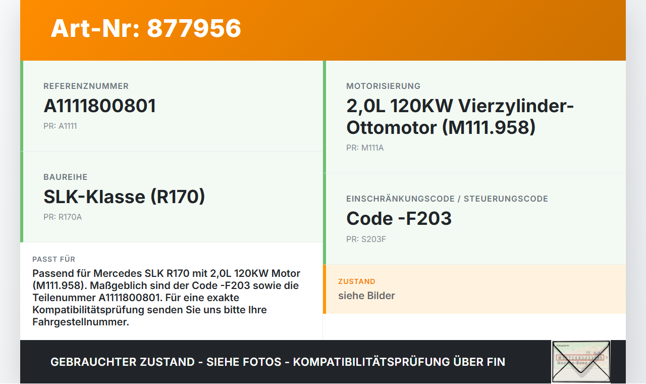 Mercedes R170 SLK 2,0 120KW 111958 Ölpumpe Mercedes R170 SLK 03.04.2000 A1111800801 gebraucht Vorschau 3