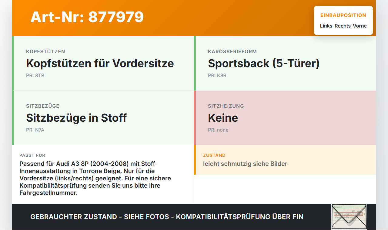 Audi A3 8P 04-08 Kopfstütze für Fahrer Sitz Rechts oder Links Vorne Torrone Beige Audi A3 8P 04-08 23.11.2004... Vorschau 3
