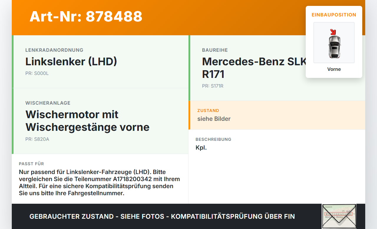 Mercedes SLK R171 04-08 Wischermotor m. Wischergestänge Vorne Mercedes SLK R171 04-08 31.01.2006 A1718200342... Vorschau 3