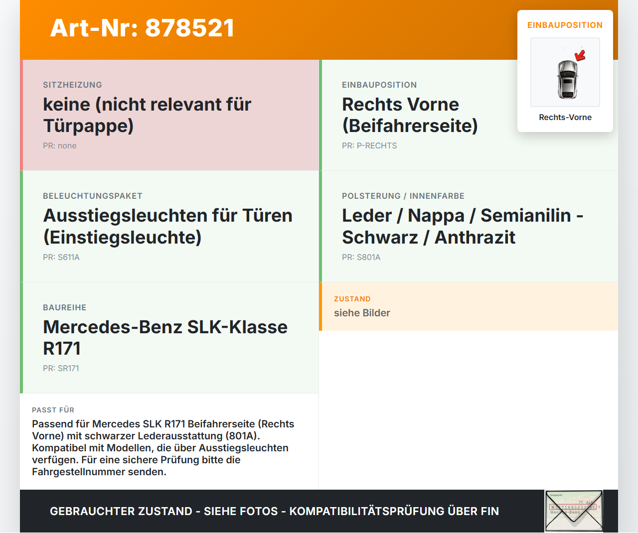 Mercedes SLK R171 04-08 Türverkleidung Türpappe Rechts Vorne Mercedes SLK R171 04-08 31.01.2006 A1717209062... Vorschau 3