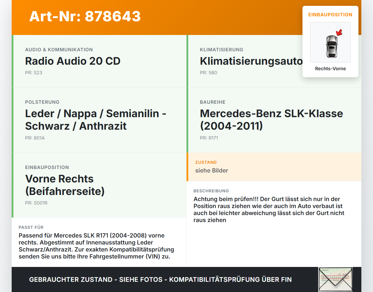 Mercedes SLK R171 04-08 Gurt Sicherheitsgurt Gurtstraffer Rechts Vorne Mercedes SLK R171 04-08 31.01.2006... Vorschau 3