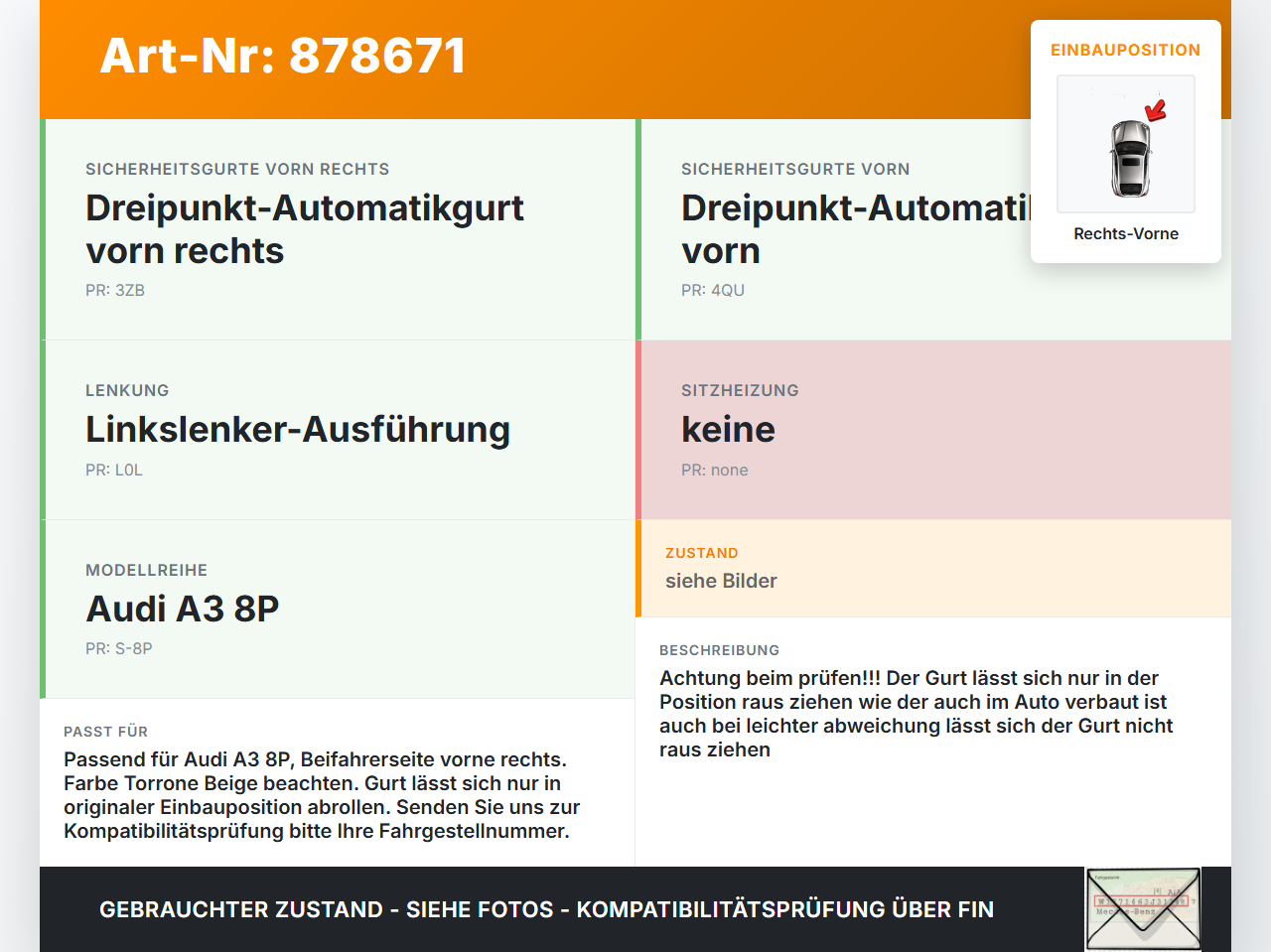Audi A3 8P 04-08 5T Gurt Sicherheitsgurt Gurtstraffer Beifahrer Rechts Vorne Torrone Beige Audi A3 8P 04-08... Vorschau 3